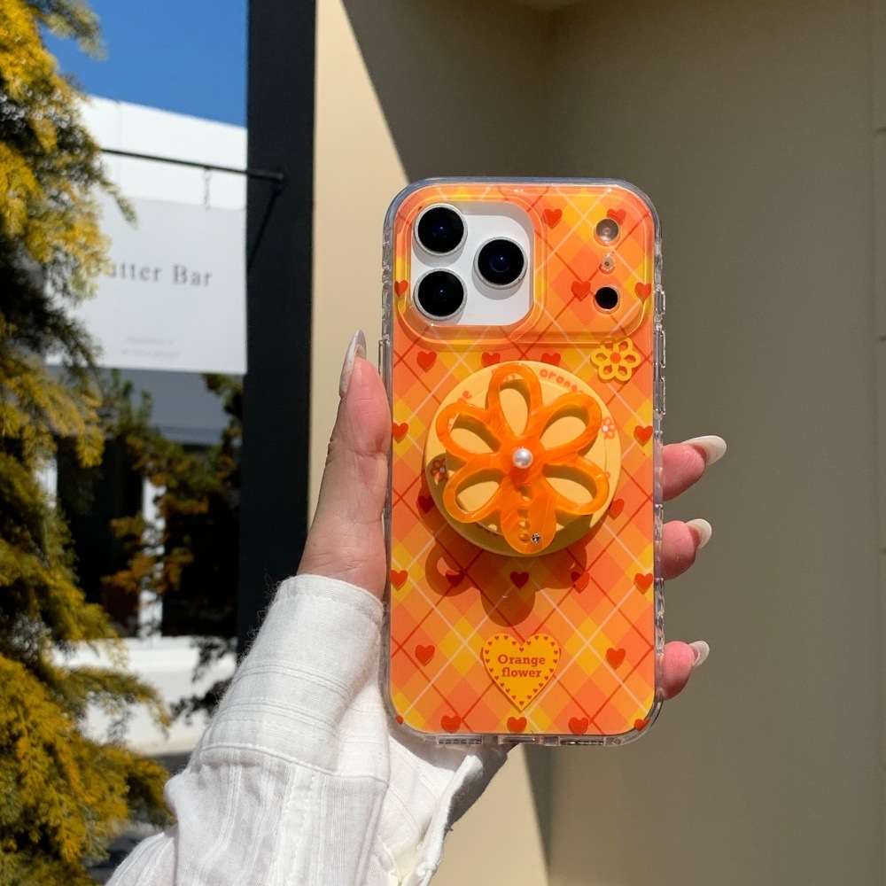 Plaid Heart Flower Stand Phone Case Compatible with iPhone 17/16 Cartoon Solid iPhone Color 15/14 Pro