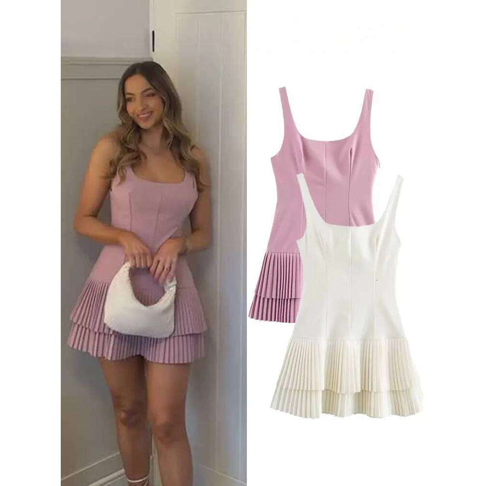 HH Women Summer Square Collar Sleeveless Solid Mini Woman Elegant Chic High Street Slim Short Pleated Dress