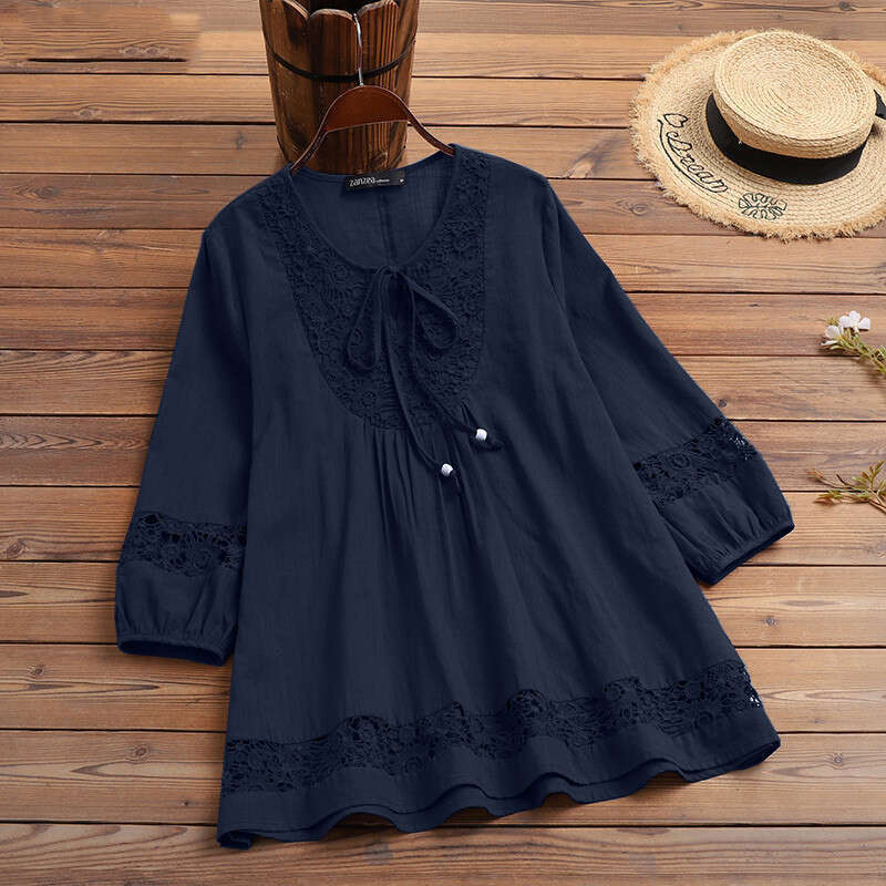 New 2022 Spring Autumn Amazon Cotton Linen Spliced Lace Elegant European and American Style 3/4 Sleeve Loose Fit Women's Top T-Shirt