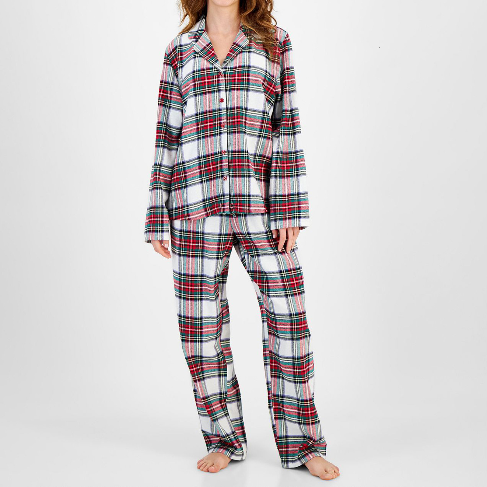 Womens 2-piece solid color/checkered pajama set with feather long sleeved lapel button top and sleepwear 241203