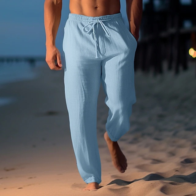 Mens linen pants summer pants beach pants drawstring elastic waist straight tube flat comfortable breathable casual daily wear