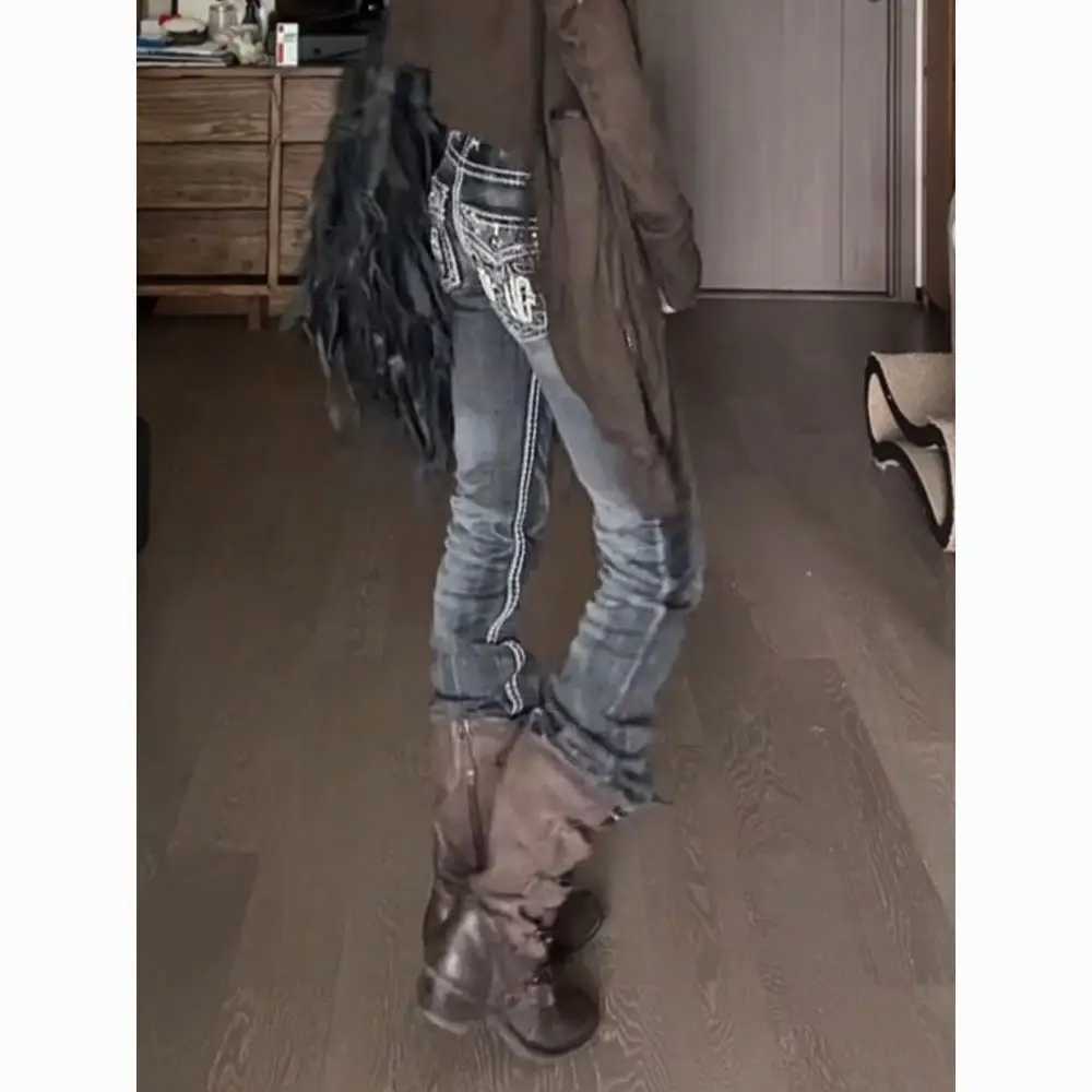 Women Vintage High Street Low Rise Flared Jeans 2025 Autumn Bell Bottom Y2k Goblin Core Harajuku Skinny Denim Pants Streetwear C251110
