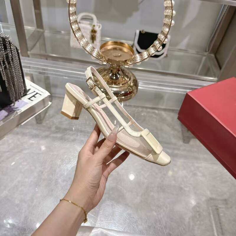 2025 New Version Chunky Color Block Metal Buckle Closed Square Toe Mesh Backless High Heel Sandals Patent Leather Women