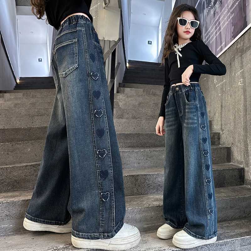 Autumn Teenager girl Heart Jeans Fashion RETRO Wide Leg Straight Denim Pants For Casual Streetwear Jeans Trousers 5-14Y C251110