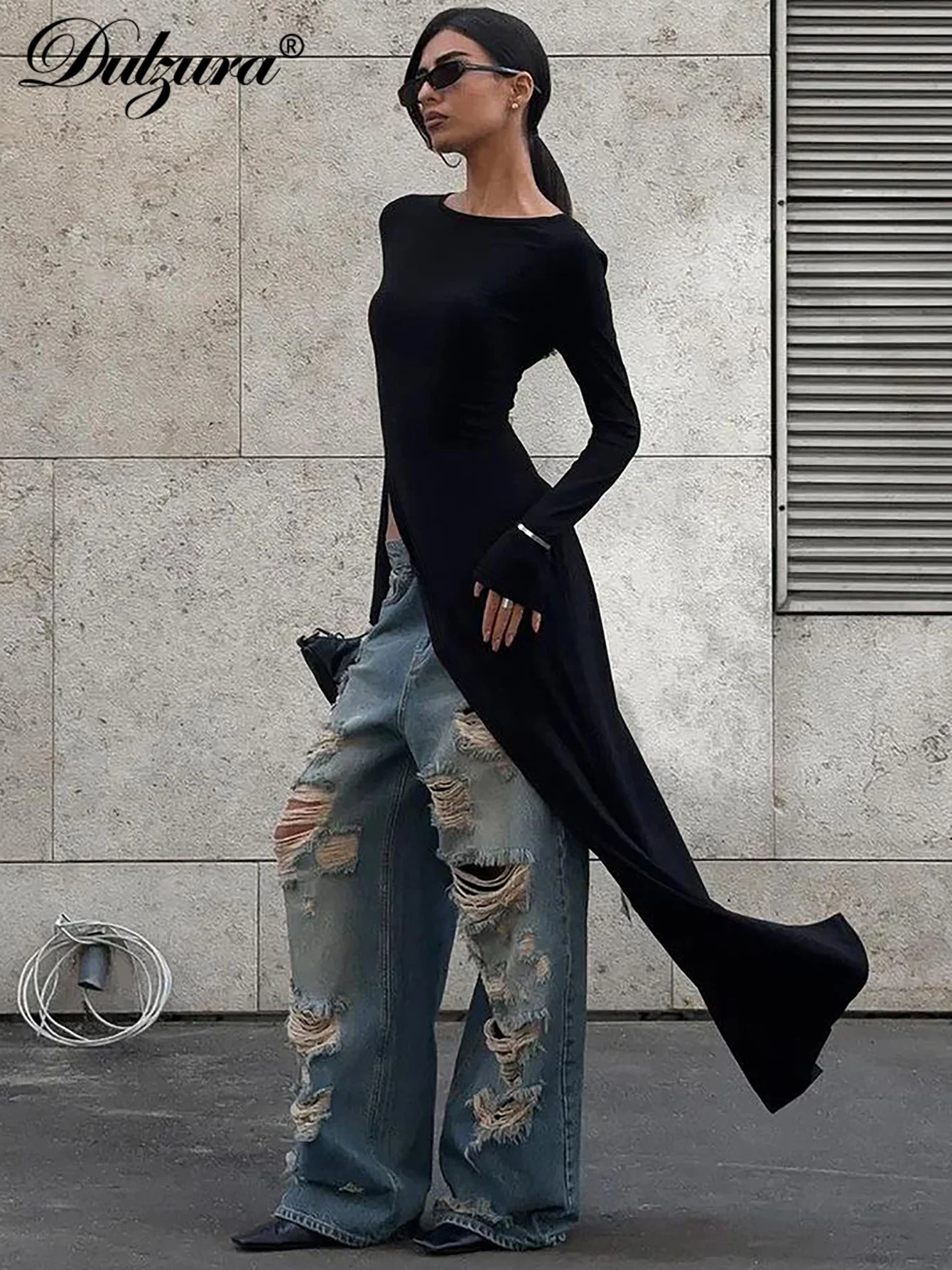 Dulzura Long Sleeves Side High Slit Maxi Dress Solid Sexy WomenS Party Club Streetwear Autumn Winter Outfit 251110