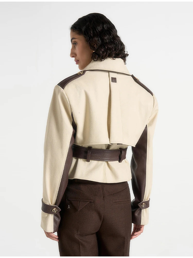 Womens Patchwork Short Leather Jacket Fashion Lapel Long Sleeve Turndown collar With Belt Coats Lady Commuter Outwear 251103