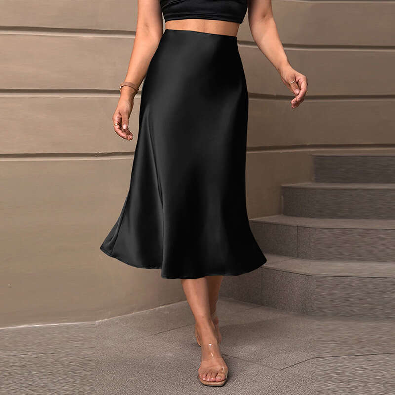 Rui Chuo Cross-Border Foreign Trade European and American Satin Midi 2025 Autumn Amazon Elegant Style Polyester Mid-Length A-Line Skirt