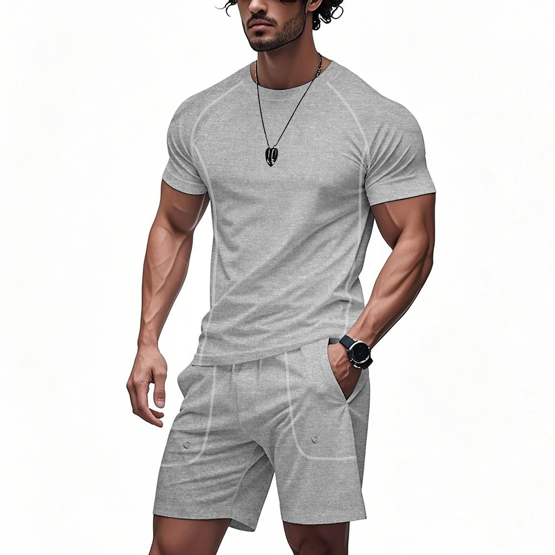 2025 cross level summer new style mens running fitness tight fitting suit set training short sleeved shorts set
