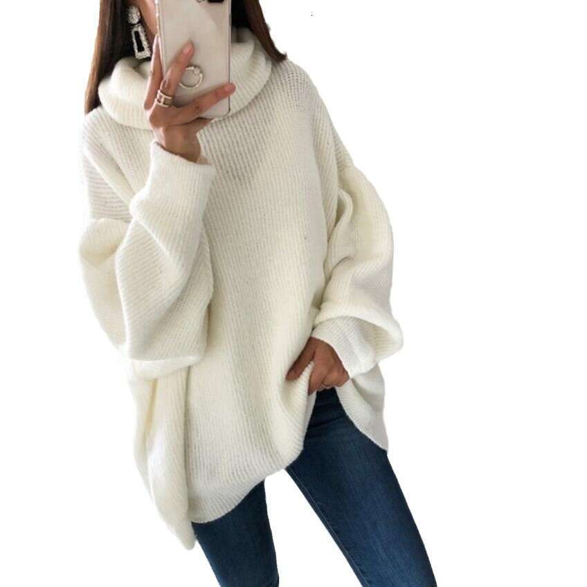2024 European and American Women's Amazon Solid Color High Neck Knitted Pile Collar Plus Size Loose Cross-Border Sweater for Women
