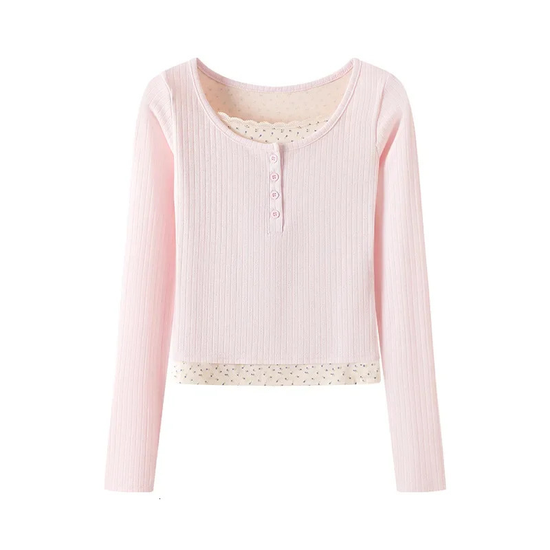womens long sleeved Tshirt Uneck springsummer slim fit French dress double lace edges Y2k top 250407