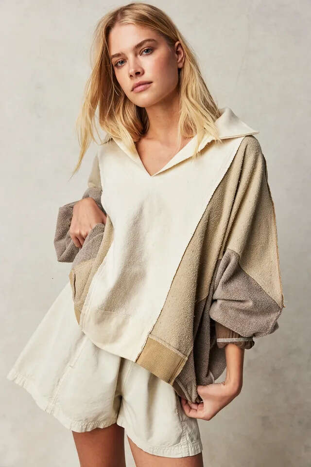 American Color-Block Sweatshirt For Women Loose Lazy Style Fleece Casual Pullover Sportswear With High-End Feel