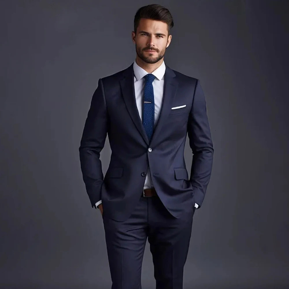 Elegant navy blue solid mens suit two-piece formal notch lapel single chest slim fit set office business casual set 250408