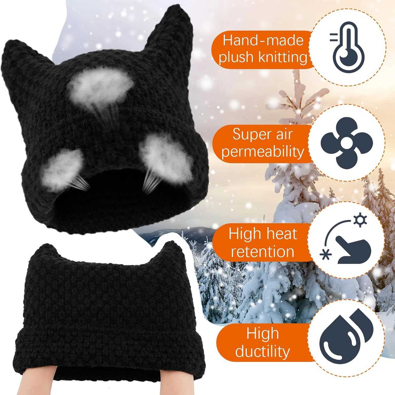 New Japanese Streetwear Harajuku Beanie Little Devil Striped Knitted Hat Women Girls Autumn Winter Cute Cat Ears CapXJ251110