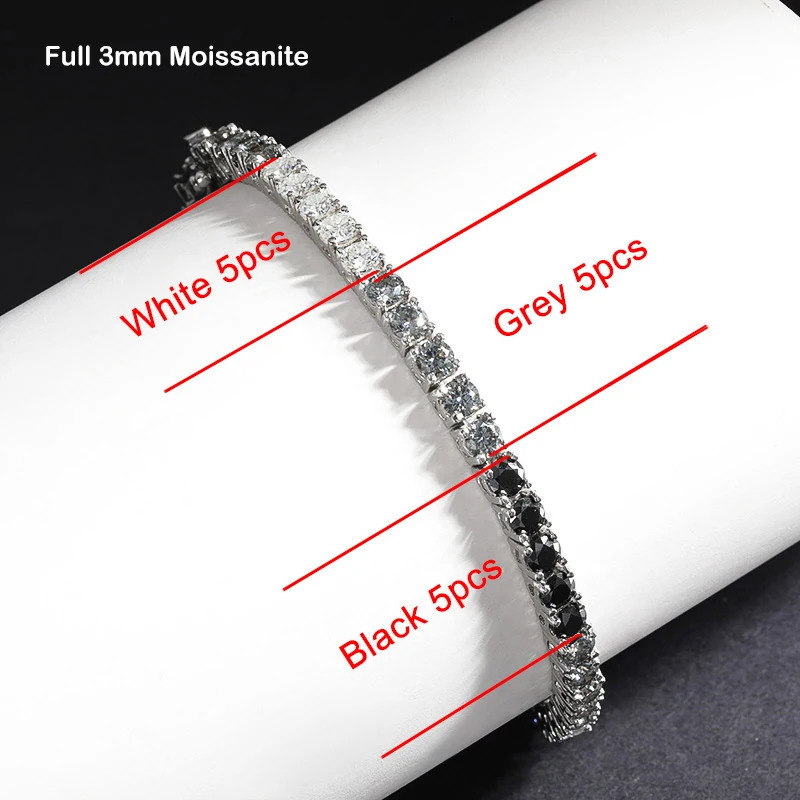 EWYA m 0.1CT Gradient Color Black Grey White Diamond Tennis Bracelet for Men Women Unisex 925 Silver Link Bracelets 250408