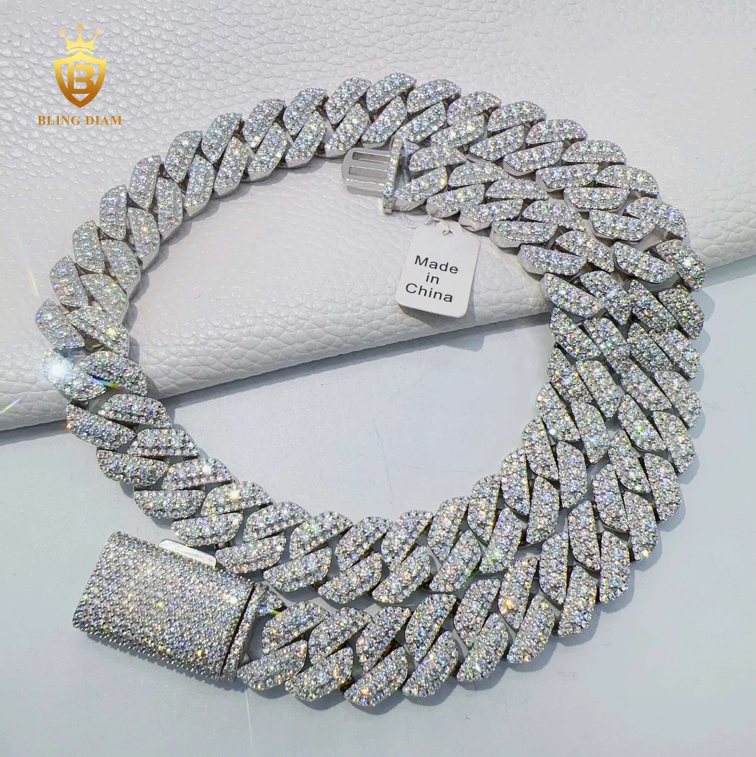 High Quality Custom Hip Hop Jewelry 15mm Iced Out Heavy Cuban Link Chain VVS Moissanite 925 Sterling Silver Hiphop Chain