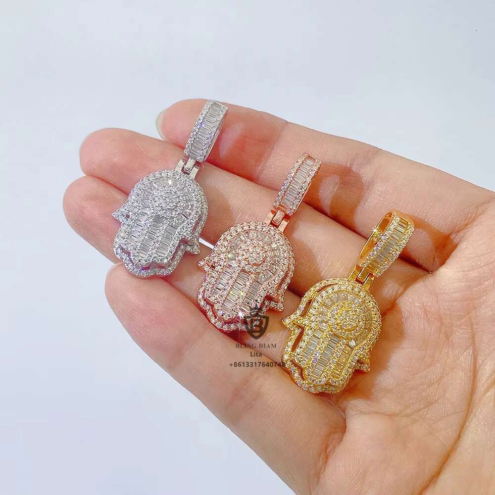 Wholesale Factory Directly Sticking Out One Layer baguette Moissanite Hamsa Hand 925 Silver Pendant