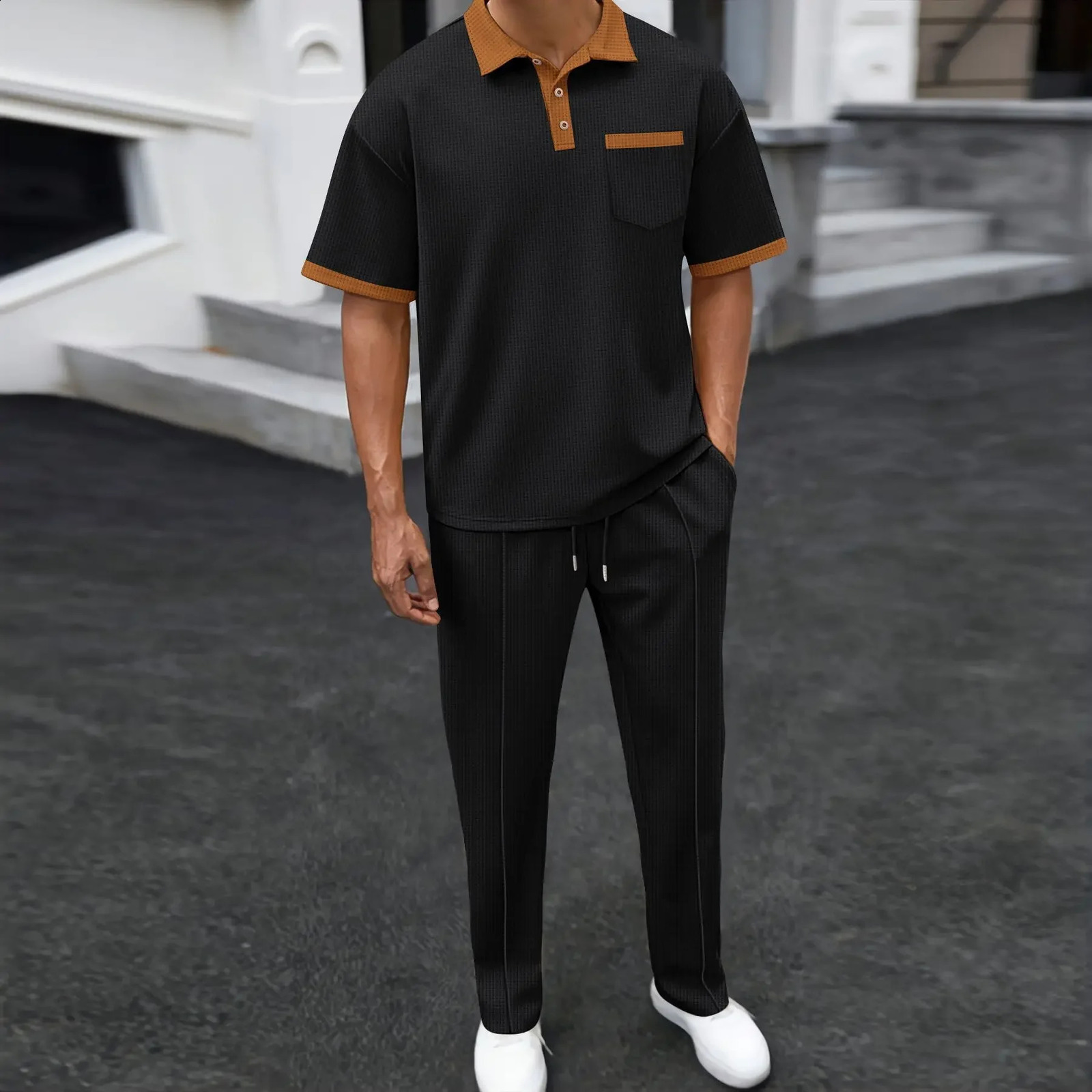 Mens Two-piece Sportswear Short-sleeved T-shirt and Long Pants Set Casual Business Sportswear Summer 2025 Fashion Two-piece Set 250407