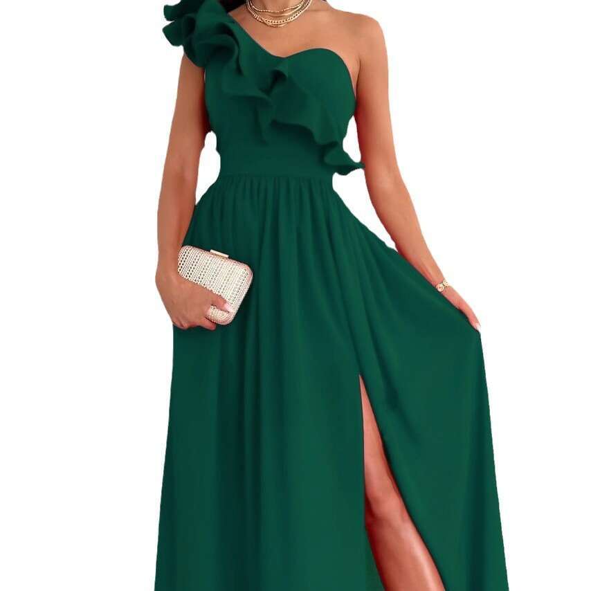 2025 new summer sleeveless shoulder lotus leaf hem slit dress for women, with a unique and elegant temperament