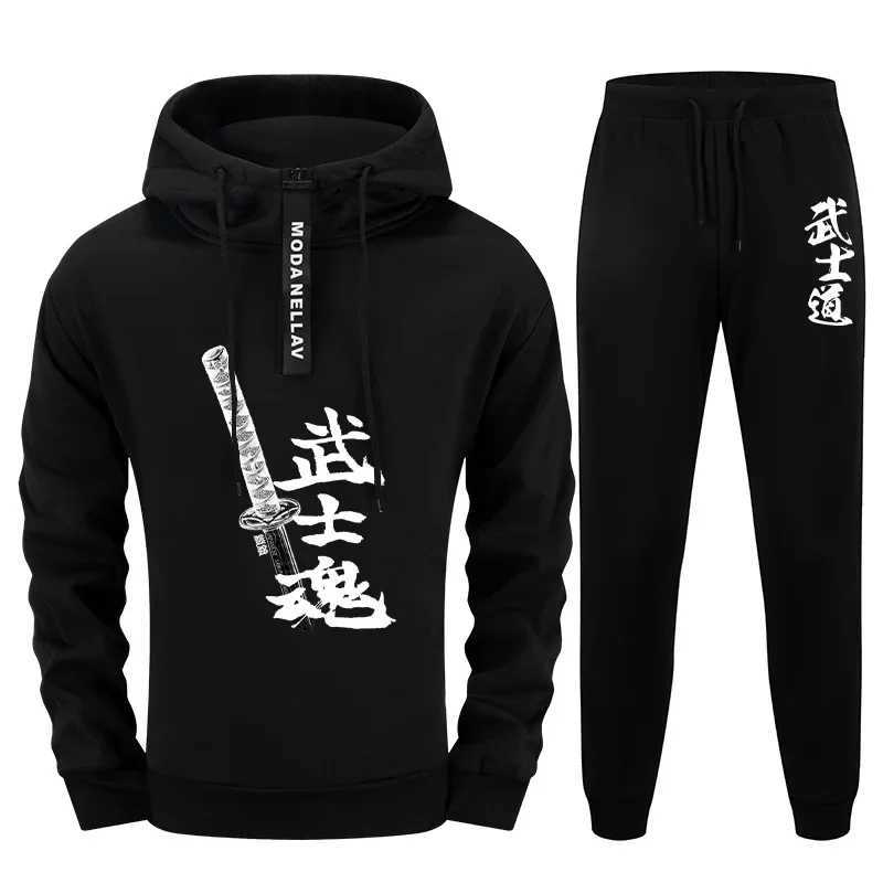 2025 New Mens Half Zip Tracksuit Urban Streetwear Set Hoodie with Sweatpants Autumn Winter Casual Sportswear Japan Bushido Print W251110