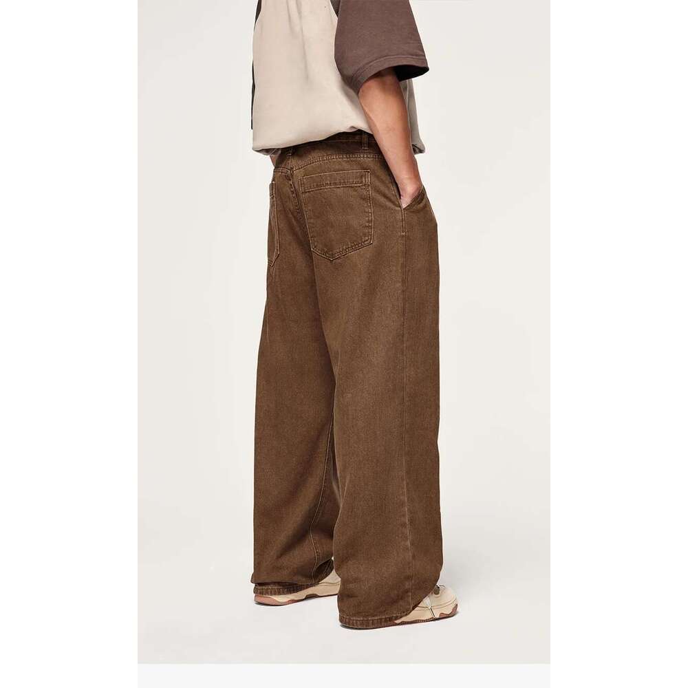 Brown Retro Washed Denim Pants Unisex Classic Straight Leg Jeans Male Trouesr Plus Size