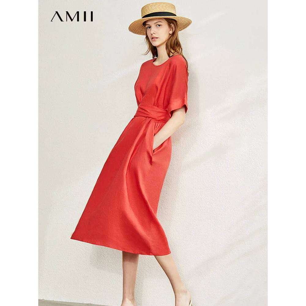 AMII Minimalist Women Dress 2023 Summer New 100% Linen Niche Fashion Artistic Temperament O-Neck Dresses Vestidos 12342278