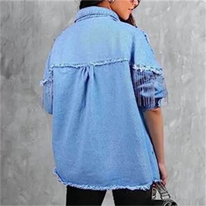 Fashion Chain Splicing Decoration Jacket Women Vintage Tassel Denim Coat Female Single-Breasted Cardigan Casual Loose Outerwear