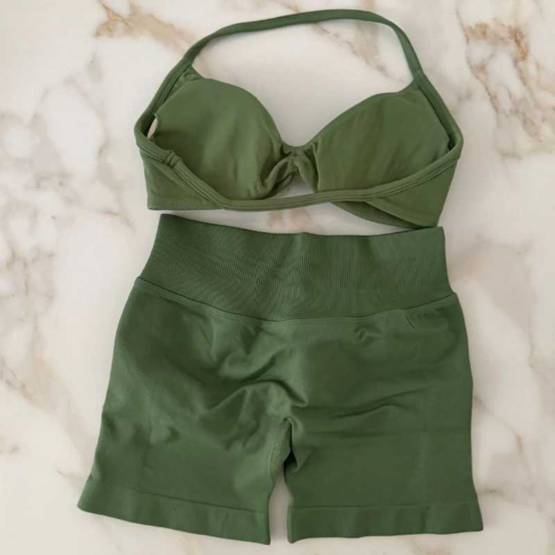 Impact Gym Set 2-piece Womens Shoulder Strap Bra Top Sport Scrunch Shorts Sportswear Seamless Set W250410