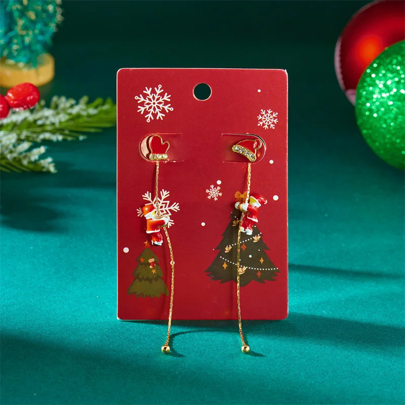 Fashion Christmas Asymmetric Tassel Earrings for Women Crawling Santa Claus Snowflake Elk Bell Pendant Long Chain Jewelry Gift 251031