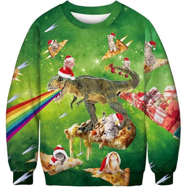 European and American New Autumn Green Fur Monster Santa Claus 3D Digital Print Christmas Crew Neck Long Sleeve Sweatshirt for Men