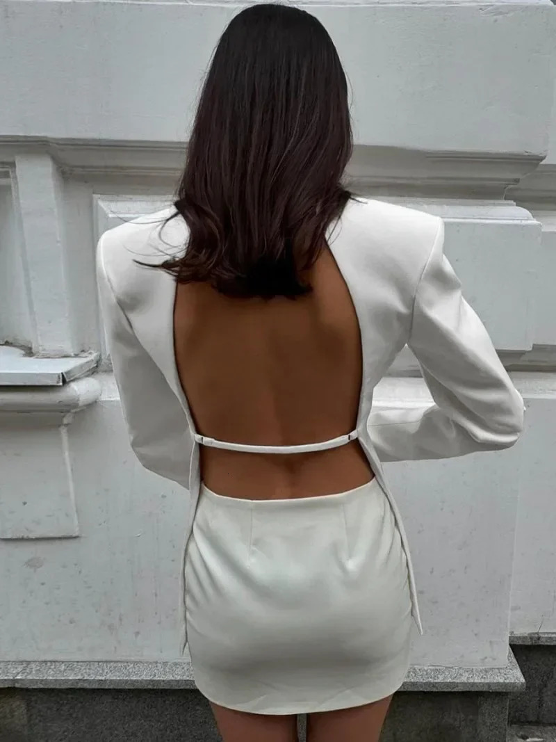 Elegant Womens Backless Black Suit 2025 Spring Chic Long Sleeve Covered Buttons Hollow Out Blazers White Tops Coat Outerwear 250408