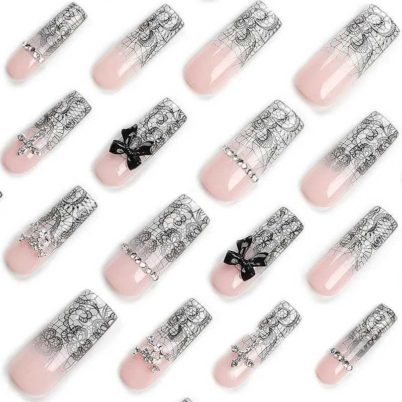 24pcs black bow fake nails diamond cross long ladder beach pattern press wearable nail tips for women and girls W250410