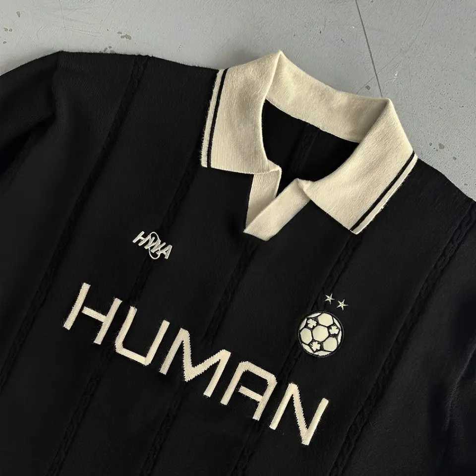 Fashion American Street Brand HUMAN Embroidered Polo Sweater Unisex Football Element Lapel Long-Sleeve Retro Loose Knit Top Y251110