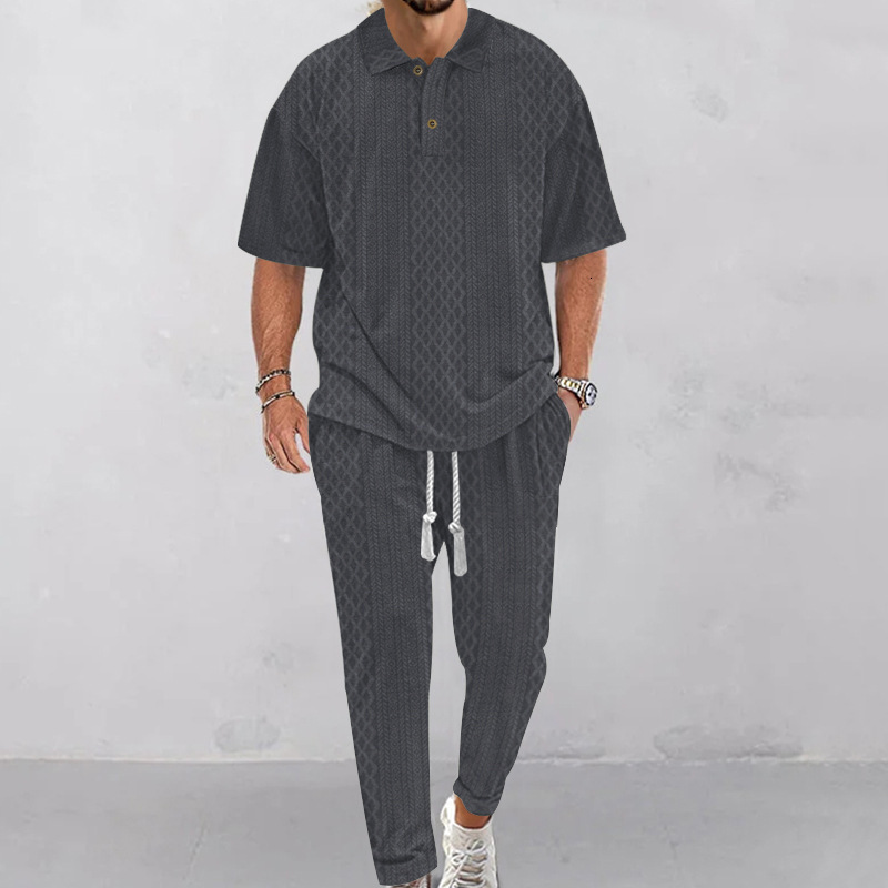 Spring/Summer Mens Casual Pants Flip Collar Jacquard Knitted Top Large Set