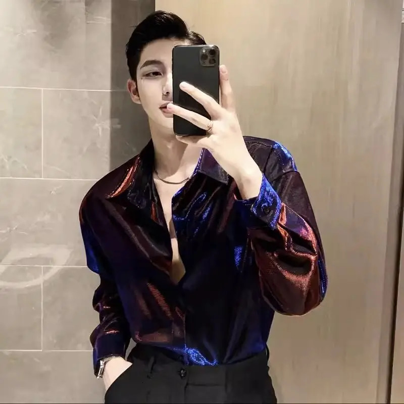 Autumn KPOP Fashion Style Harajuku Slim Fit Ropa Hombre Loose Casual All Match Shirt Square Neck Button Long Sleeve Blusa 250408
