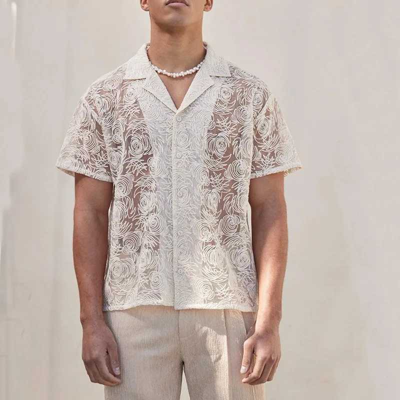 Casual dress hollow lace mens shirt mens summer casual fashion trend mens top X250410