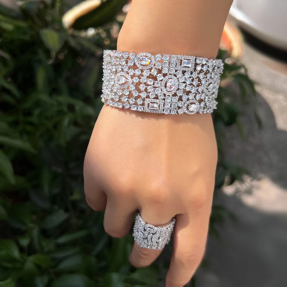 CWWZircons Chunky Cubic Zirconia Inlay Wide Big Open Cuff Bangle and Ring Dubai Wedding Bridal Party Jewelry Sets T749 250409