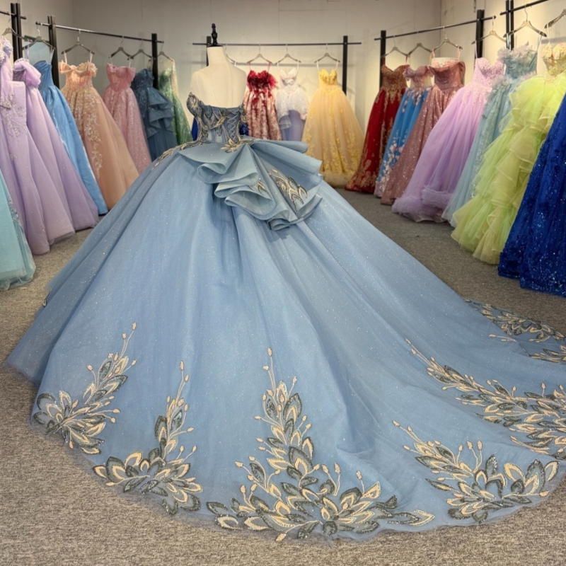 Sea Blue Shiny Quinceanera Dresses Ball Gown Off The Shoulder Sequin Applique Lace Beading Crystal Corset Tull Party Birthday Sweet 16 Dress Vestidos 