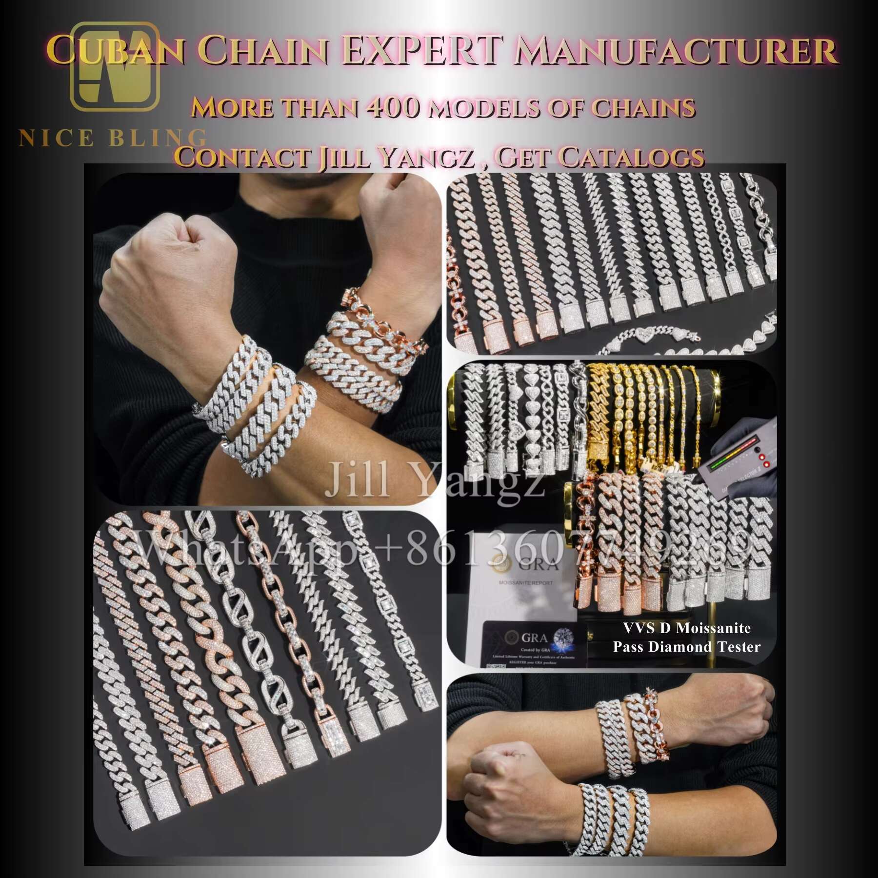 14mm Monaco Chain 3 Rows Hip Hop Rock Sier Moissanite Cuban Bracelet Gold Plated Necklace