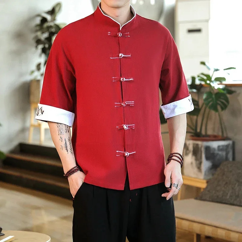 Crane Embroidery Top Traditional Chinese Clothing for Men Vintage Half Sleeve Linen Shirts Solid Madarin Collar Hanfu Kungfu 250408