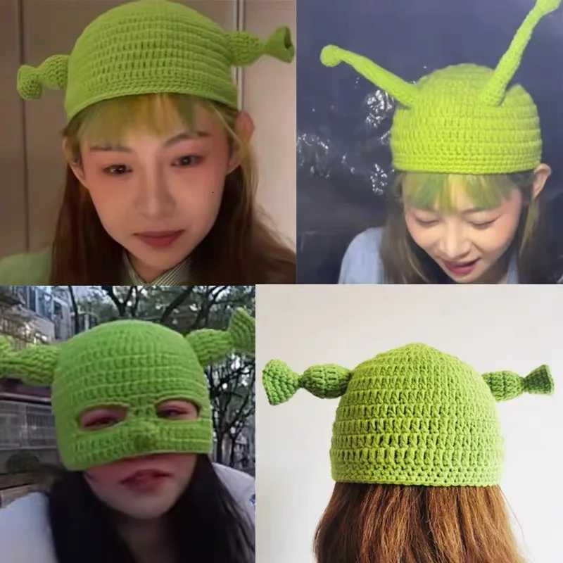 Unisex Balaclava Monster Shrek Hat Wool Winter Warm Knitted Hats Green Funny Beanie Skullies Cap for Women Men Pure HandmadeXJ251110