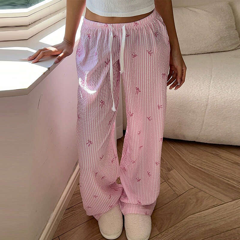 Cross-Border Independent Station Pink Striped Long Women 2025 Spring Summer New Foreign Trade European and American Wide-Leg Casual Pants