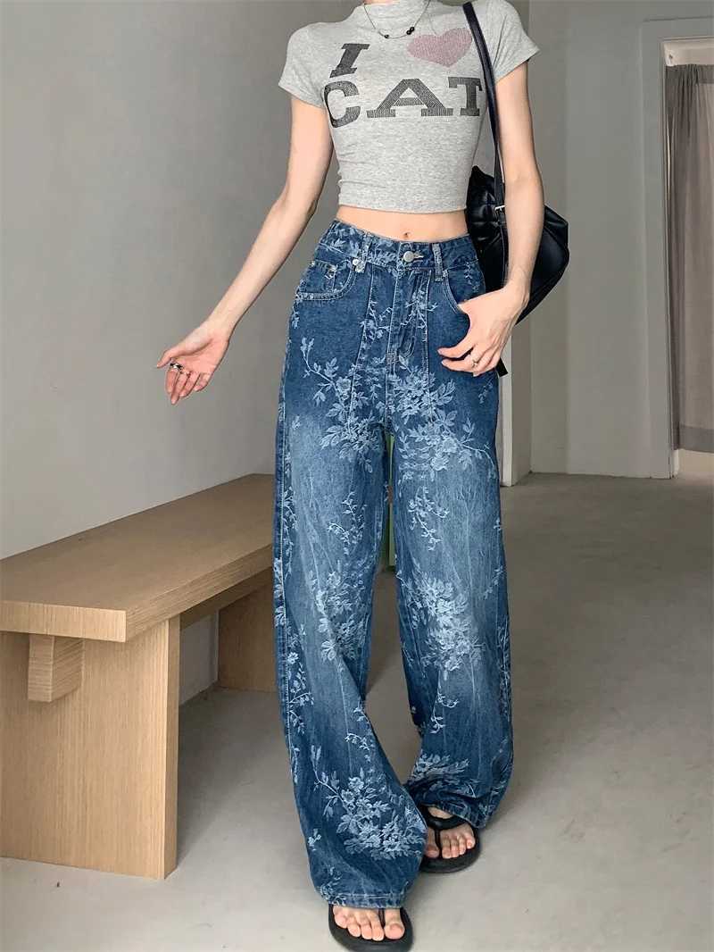 2025 Premium Y2K Jeans - Artistic Floral Printed Distressed Denim Relaxed Straight Leg Palazzo Pants 2664 C251110