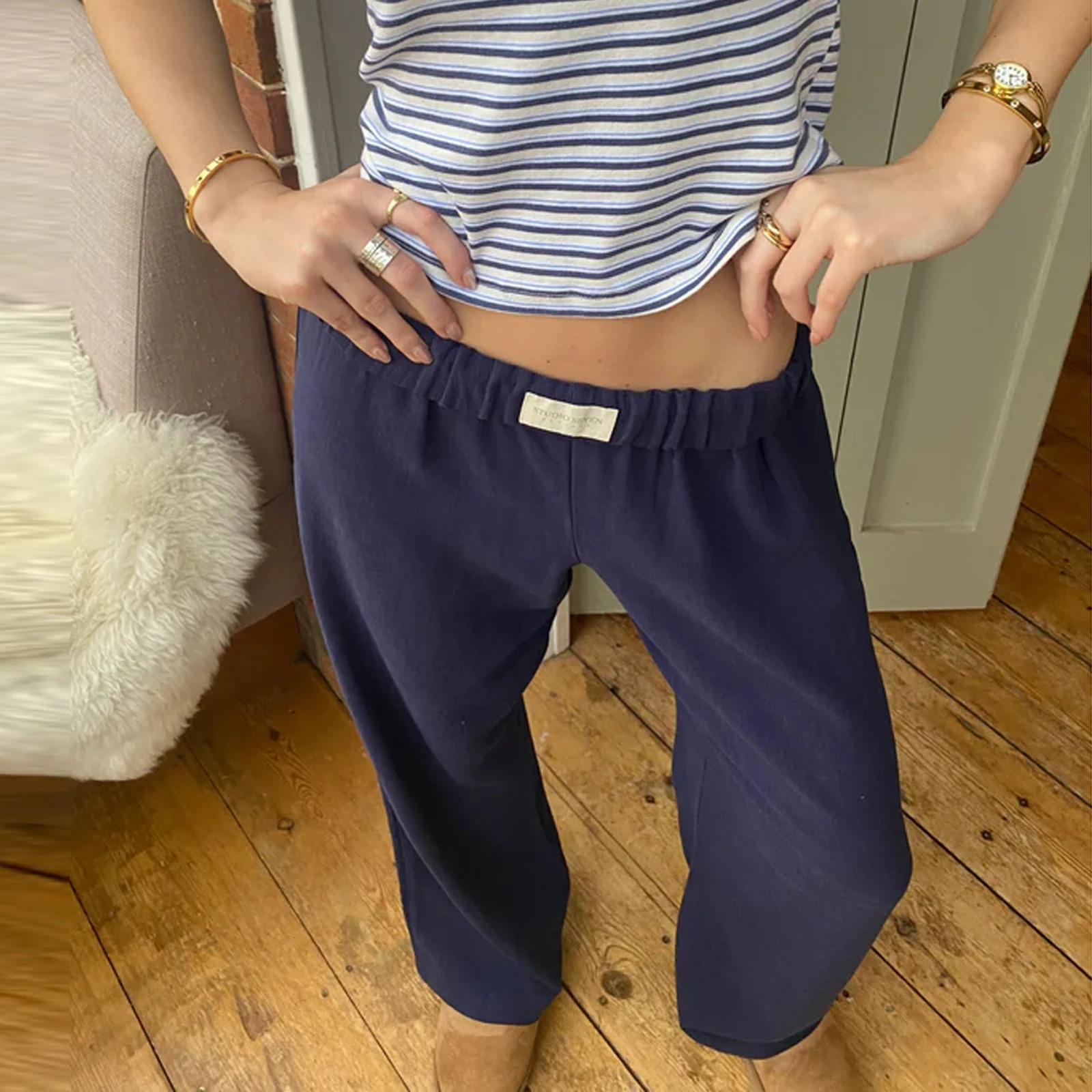 Combhasaki Womens Y2K Vintage Retro Casual Long Pants Elastic Wide Band Waist Solid Loose Trousers Loungewear Pants Streetwear 250409