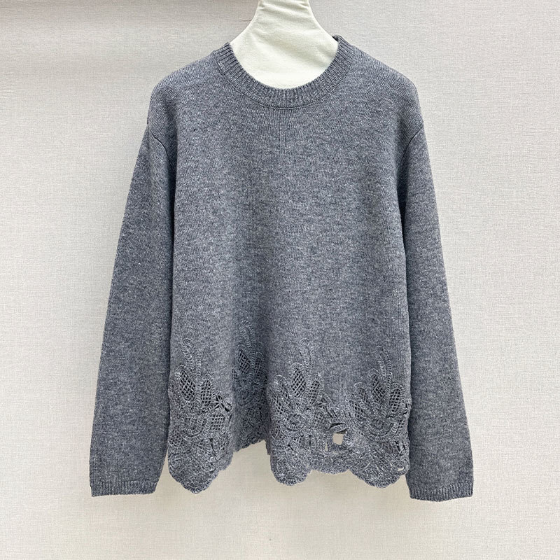 Luxury Designer Women's Wool Blend Embroidered Lace Sweater Round Neck Long Sleeve Loose Knit Pullover Multiple Colors Fall Winter New Arrival So