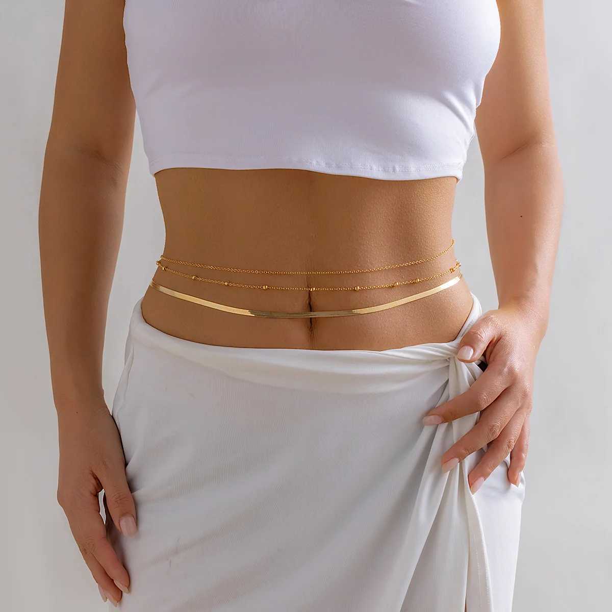 Minimalist double-layer metal flat snake chain belly waist chain warm fashion sexy bikini beach summer body jewelry accessories X250410