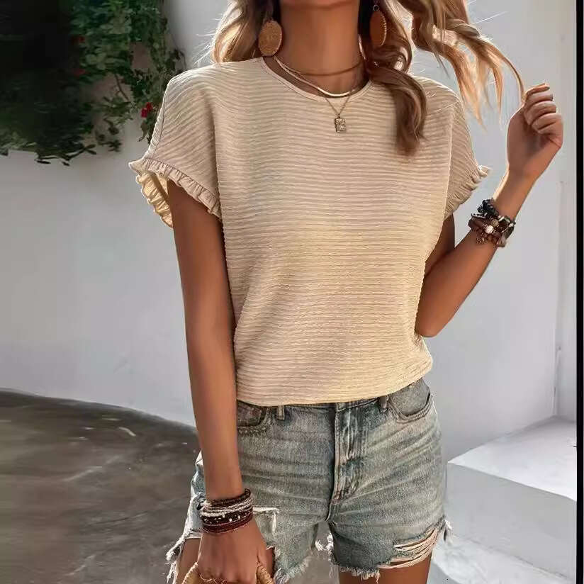 Amazon European and American Independent Station Elegant Solid Color Round Neck Top Vacation Casual Loose Ruffled Short Sleeve T-Shirt for Women