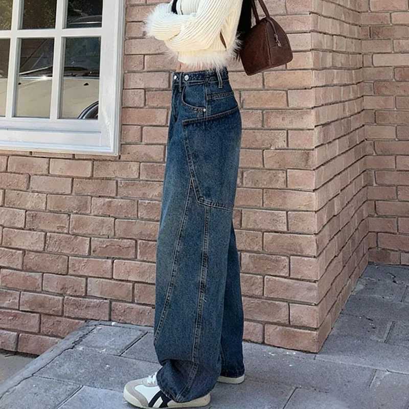 Autumn 2025 High Waist Slim Tapered Wide Leg Jeans Y2K Vintage Blue Denim Pants Dongdaemun Curved Hem for Women C251110