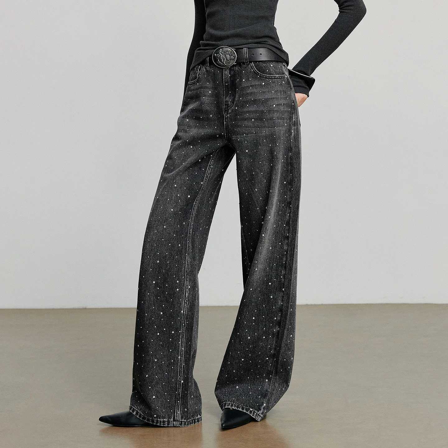 TOYOUTH Women Cowboy Wide Leg Pants 2025 Autumn New Punk Style Diamond Decor Straight Banana Pants C251110