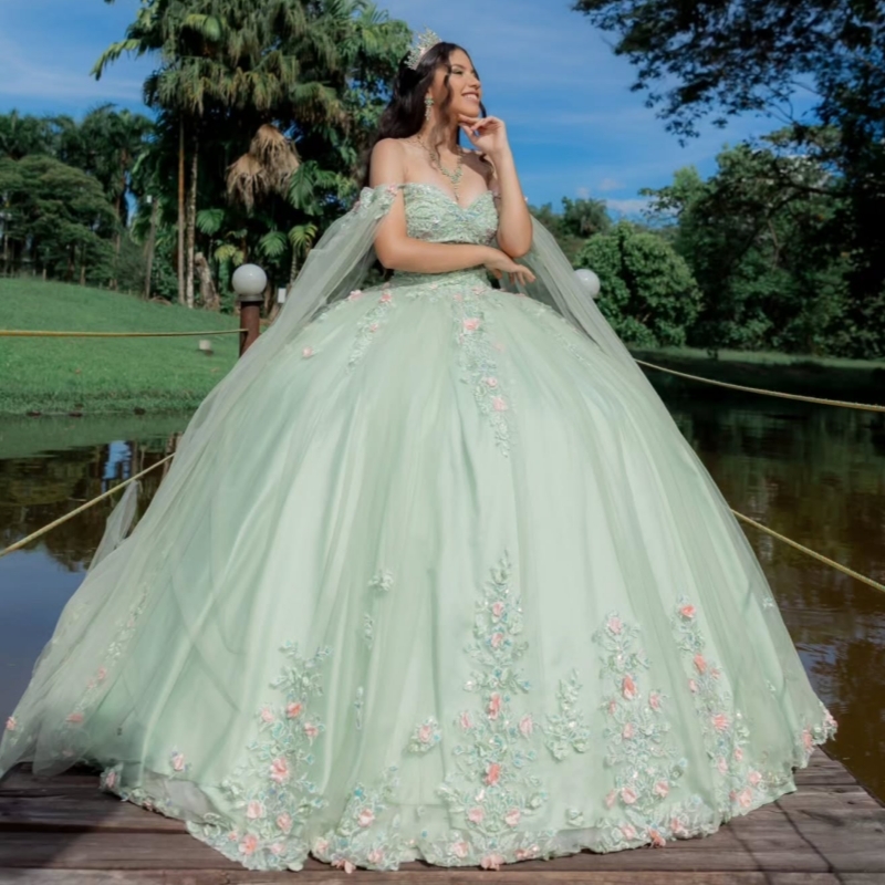 Green Shiny Quinceanera Dresses Off The Shoulder Applique Flower Beading Crystal With Cape Tull Party Birthday Sweet 16 Dress Vestidos 15 Anos