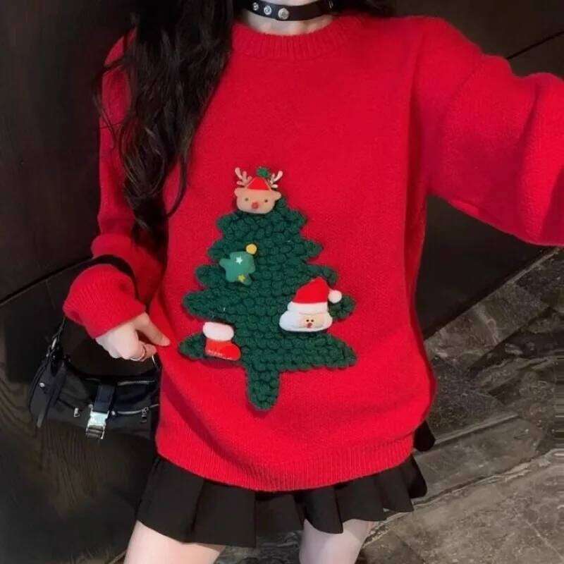 Autumn Winter Women Red Sweet Chic 3D Christmas Tree Knitted Sweater Casual O Neck Long Sleeve Pullover Tops Female Loose Jumper Designer Sweater Wome